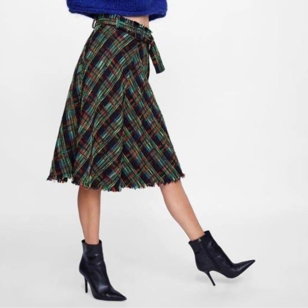 Zara Womens  Multicolor Tweed Flare Midi Skirt